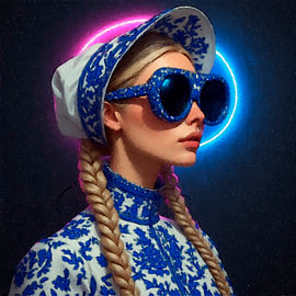 Ein Porträt im Stil von Fine Pop Art und Disco, in Delfter Blau, einer jungen Frau, Maria Magdalena. von Studio Jet