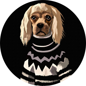 Portret van een treurig kijkende hond met koltrui van Maud De Vries
