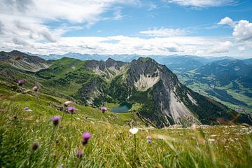Uitzicht op de lager gelegen Gaisalpsee, de Rubihorn en de Oberallgäu in de Allgäuer Alpen van Leo Schindzielorz