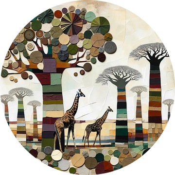 Collage Afrikaans landschap met bomen en giraffen van Lois Diallo