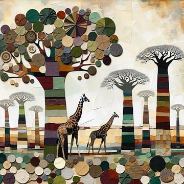 Collage Afrikaans landschap met bomen en giraffen van Lois Diallo
