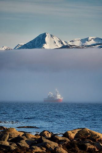 Vissersschip dat uit de ochtendmist komt, Godøy, Noorwegen