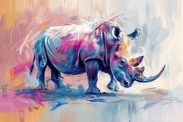 De Levendige Neushoorn - Abstracte Kracht - impressionisme pastel van Eva Lee