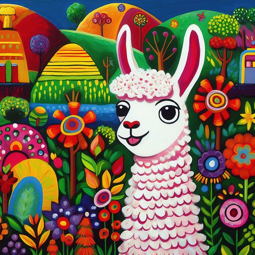 Kleurrijke lama omringd door bloemen schilderij