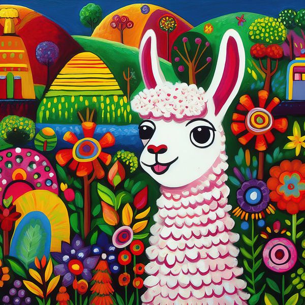 Bunte Lama umgeben von Blumen Malerei von Laly Laura