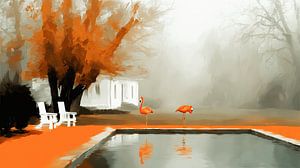Die Flamingos am Herbstpool