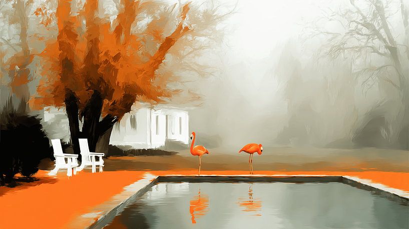 The Flamingos at the Autumn Pool by Karina Brouwer