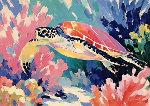 Une tortue marine aux couleurs vives dans le récif de corail