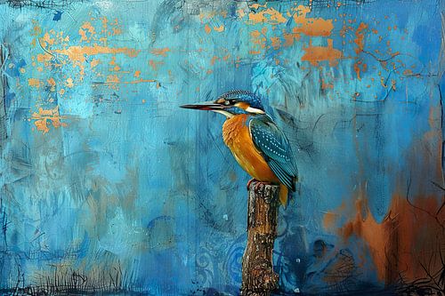 IJsvogel zittend op een tak met een warme blauwe achtergrond