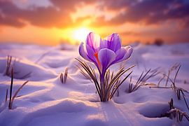 Lila goldfarbener Krokus im Winter im Schnee, Sonnenuntergang