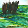 Paysage toscan avec cyprès peint à l'aquarelle sur Ineke de Rijk