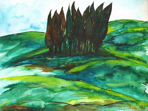 Toskanische Landschaft mit Zypressen in Aquarell gemalt