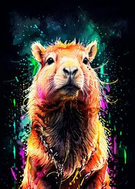 Œuvre d'art aquarelle Capybara Neon – Affiche animalière contemporaine