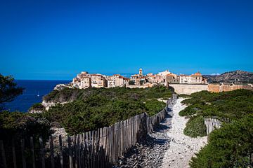 Wanderweg auf Klippen mit Blick auf Bonifacio, Korsika von Emel Malms