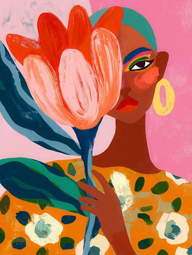 Buntes Porträt einer Frau mit großer Blume und ausdrucksstarkem Blick