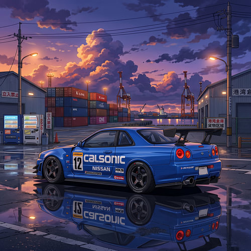 Nissan Skyline GT-R R34 Calsonic JTCC JDM Sport Car Industrial Port Sunset Graphic Illustration