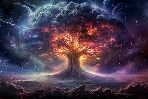 Kosmischer Nebel wächst gigantischer Baum, wächst auf Asteroiden, Baum des Lebens, Kunstdesign