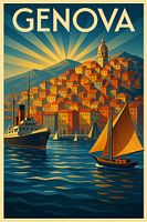 Genova Art Deco Poster - Haven & Zeemacht; Kleurrijke Heuvelrug