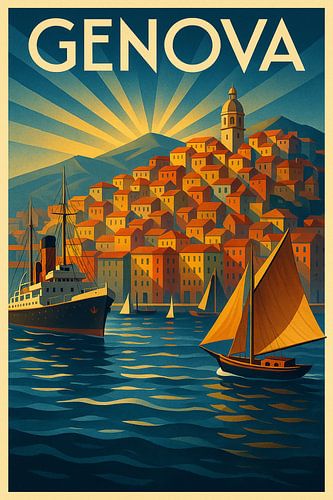 Genova Art Deco Poster - Haven & Zeemacht; Kleurrijke Heuvelrug