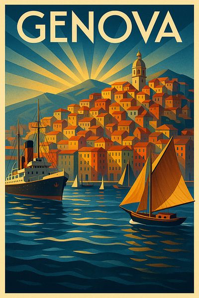 Genova Art Deco Poster – Harbor &amp; Colorful Hillside by Travel Shop