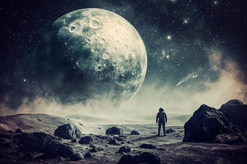 Astronaut on the moon at night by Poster Art Shop