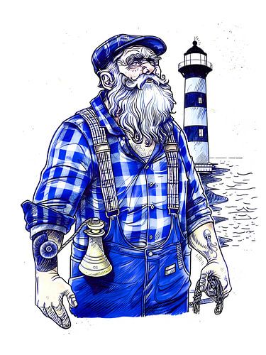 Zeeman met een bel in de hand, staande bij een vuurtoren aan de kust
