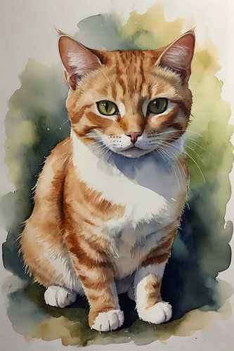 Serene aquarel van een bedachtzame kat