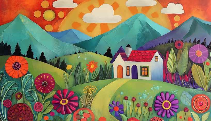 Buntes Häuschen, Blumen und Bergpanorama von TheXclusive Art
