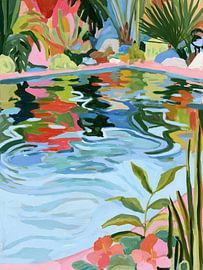 Garden Pool with Reflections – Lush Summer Art