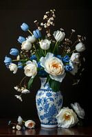 Nature morte en bleu de Delft avec tulipes et pivoines