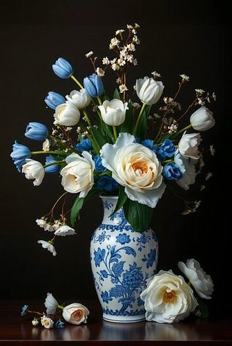 Delfts Blauw Stilleven met Tulpen en Pioenen