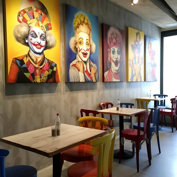 Bistro Café Restaurant Tables Chairs Clowns Pictures Walls urban by gm_designs