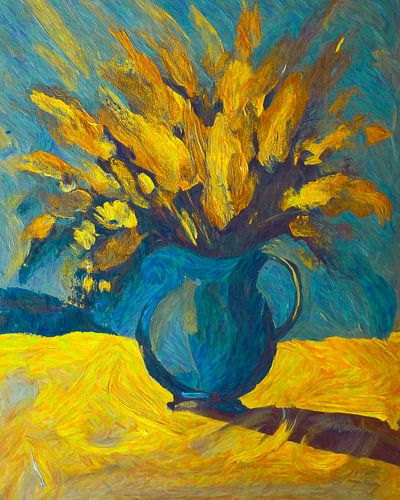 Vaas met bloemen in blauw en geel