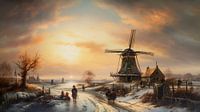 Dutch winter landscape painting with windmill