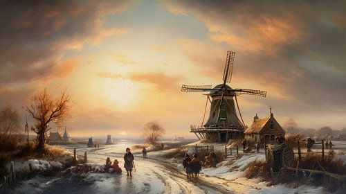 Hollands winterlandschap schilderij met molen