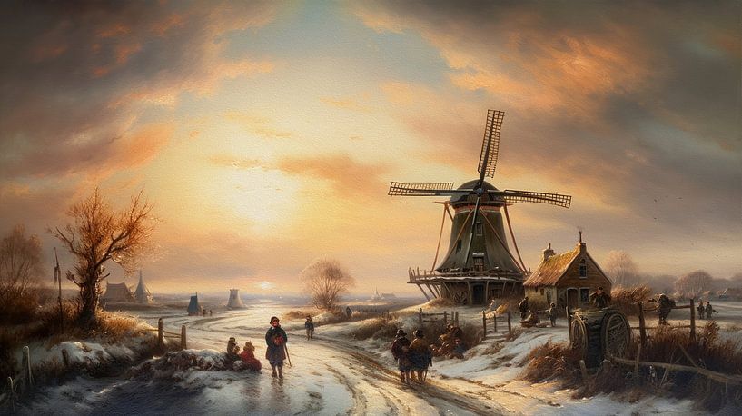 Dutch winter landscape painting with windmill by Preet Lambon