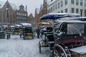 Besneeuwde koetsen in Brugge van Mickéle Godderis