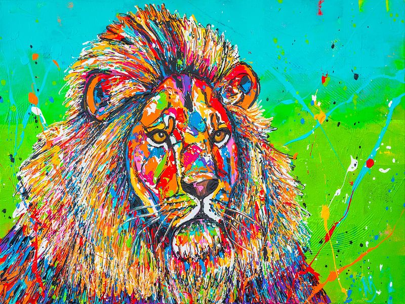 Leeuw in groen van Happy Paintings / Renata Rolefes