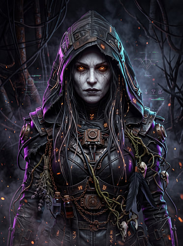 Cyberpunk-Hexe mit Kapuze, leuchtend bernsteinfarbene Augen, dunkle Techno-Zauberin – Grafikdesign