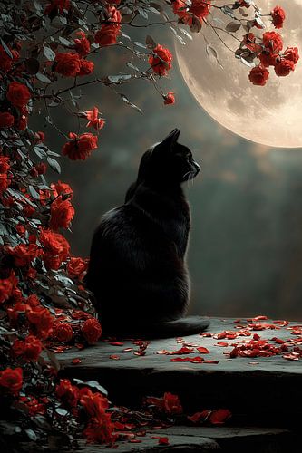 Black cat in the moonlight of the red roses