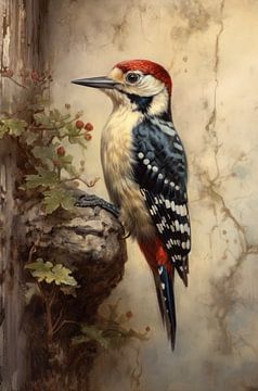 Pied Woodpecker on a Rustic Tree Trunk by Emil Husstege