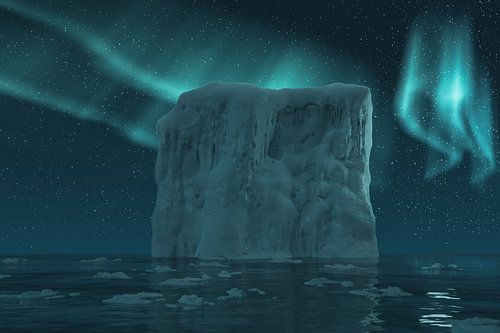 Un iceberg géant entouré de plaques de glace est illuminé par des aurores boréales