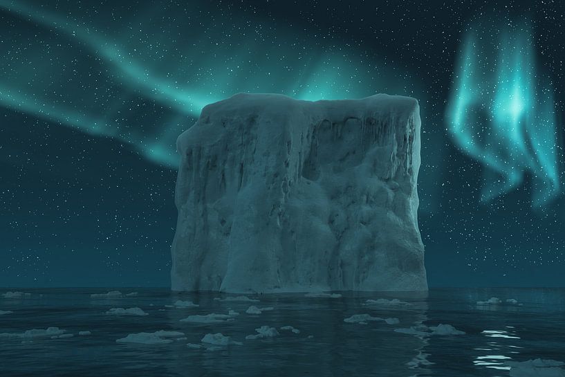 Gigantic iceberg surrounded by ice sheets is illuminated by northern lights by Besa Art
