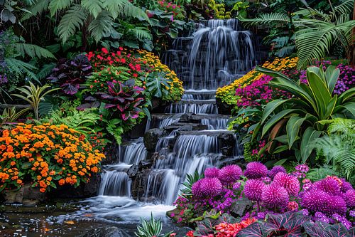 Weelderige waterval omgeven door kleurrijke bloemenpracht