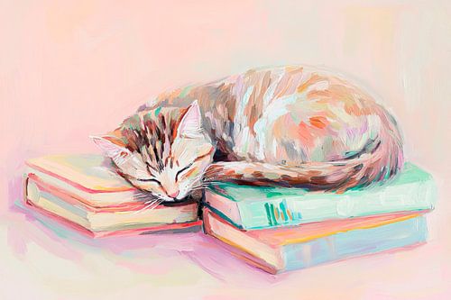 Slapende kat op boeken