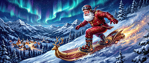 Snowboard mit Weihnachtsmann – Goldener Winterrausch