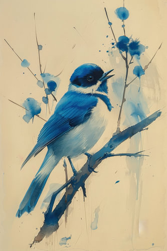 Drawing, Chinese ink, watercolour, bird, blue tit