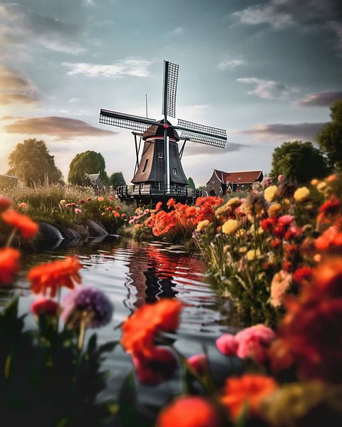 Windmühle hinter einem Blumenmeer von fernlichtsicht