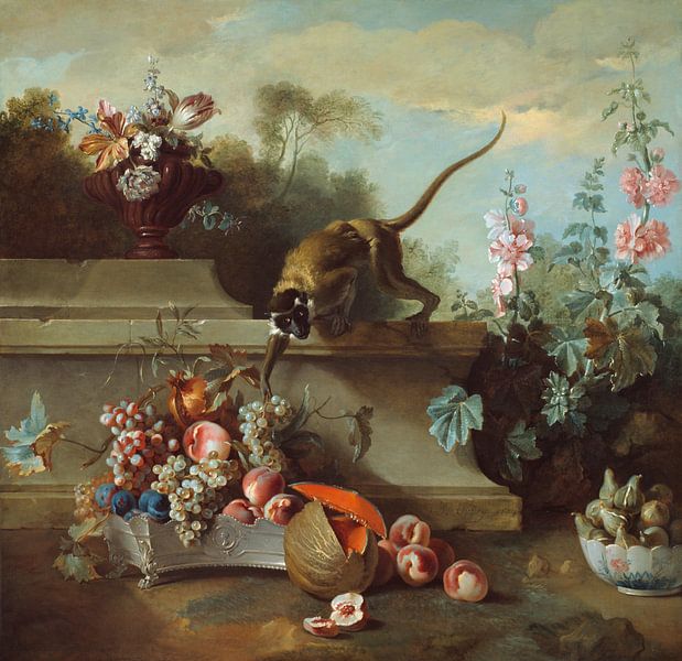 Stilleven met aap, vruchten en bloemen, Jean Baptiste Oudry van Meesterlijcke Meesters
