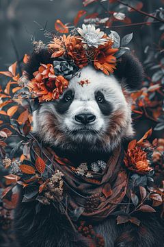 Herfstige Elegantie - Panda met Bloemenkrans van Eva Lee